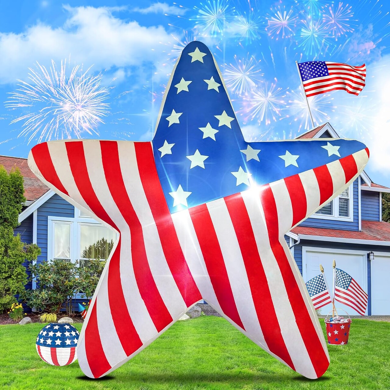 7FT Patriotic Independence Memorial Day 4th of July Inflatable Outdoor American Star Decoration, LED Lights Holiday Blow Up for Fourth of July Party Garden Yard Lawn Decor